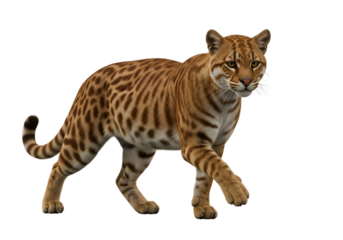 A detailed illustration of a spotted cat species, featuring intricate fur patterns and a striking pose against a pure black background.