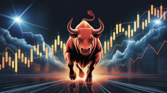 Stock Market Bull Run: A dynamic illustration of a charging bull, symbolizing the bullish trend in the stock market, with candlestick charts enhancing the financial concept.