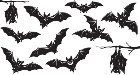 Collection of flying and hanging bats in silhouette for spooky halloween decorations and designs