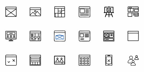 Modern business interface icons for digital planning, web design and communication flow, offering clear visual cues for user experience and content organization
