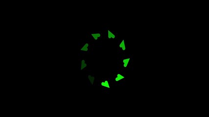 Green heart shapes forming a circular loading animation on a black background progress spinner - Powered by Adobe