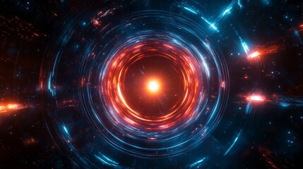 Obraz premium Dynamic close-up of a radiant circular portal, concentric rings of shimmering light alternating between deep cerulean and crimson, star-like flares at intersection points