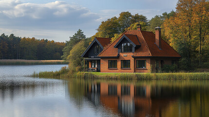 Fototapeta premium Red brick house near calm lake with autumn trees reflecting on water under cloudy sky in countryside peaceful setting