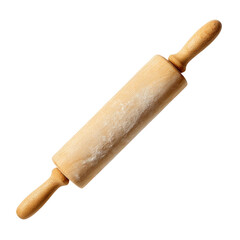 Light-tan wooden rolling pin, slightly angled, with flour dusted on the surface