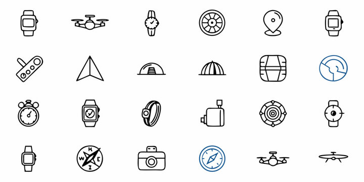 Modern technology icons featuring smartwatches, drones, cameras, navigation, and timekeeping devices for design projects.