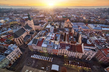 Winter sunrise over the historic Old Town of Lviv, Ukraine.