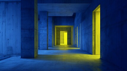 Obraz premium Dramatic View Of Concrete Corridor Illuminated With Blue And Bright Yellow Light