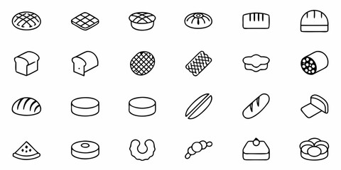 Delicious bakery icons showcasing a variety of fresh bread, pastries, and sweet treats, perfect for modern food branding and culinary designs