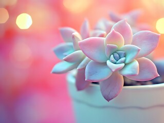 Pastel Pink and Blue Succulent Plant in Pot, Closeup Macro Shot