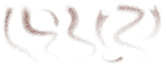 Coffee powder or cinnamon gradation fly squiggles shapes set. Grainy texture splash elements. Lines cooking dotwork forms. Vector gritty wavy and curved lines. Grunge brown mocha dissolve figures.