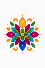 Elegant rangoli icon with symmetrical floral patterns in vibrant colors, isolated on white background, vector style