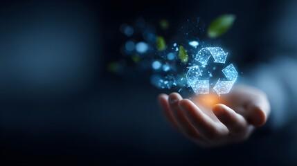 Open hand holding futuristic digital recycling icon formed by connected dots and lines, representing eco-friendly innovation, green networks, and environmental technology