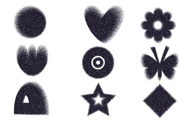 Noise gradient geometric shapes set. Y2k retro grain heart, butterfly and circle with flower. Black gritty gradation star, arch on transparent background. Trendy textured forms. Vector illustration.