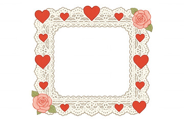 Lace frame with red hearts and roses, a romantic vintage border for weddings or valentine's day designs