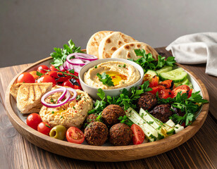 Rustic Mediterranean Mezze Platter with Hummus, Falafel, Fresh Vegetables, and Pita Bread
