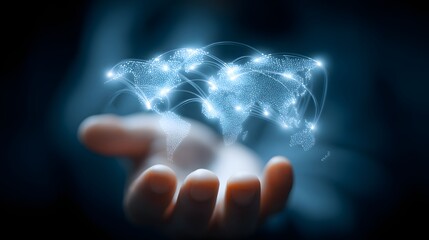 Hand holding a digital holographic world map with global connection lines, symbolizing international communication, data exchange, worldwide networking, digital globalization, and advanced global conn