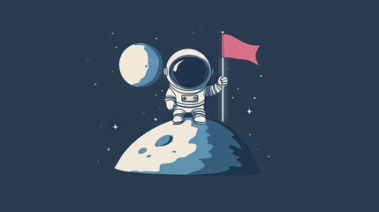 Minimalist cartoon astronaut wearing a round helmet and suit, flag waving gently beside a stylized moonhill shape