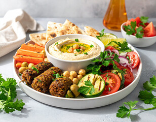 Abundant Mediterranean Mezze Platter with Hummus, Falafel, Fresh Vegetables, and Pita Bread
