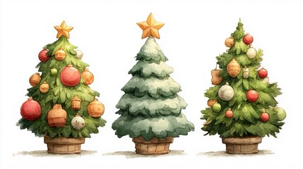 Cartoon Christmas tree clipart with oversized ornaments and a star topper, isolated for kids holiday crafts, party flyers, and fun seasonal illustrations.