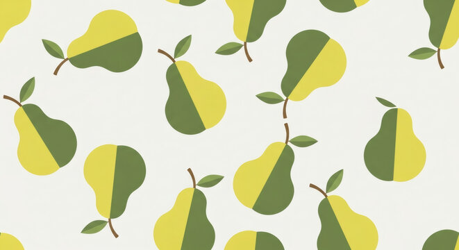 Green and yellow split pear fruit pattern on white background. Minimalist seamless design for fabric, wallpaper, or digital prints.