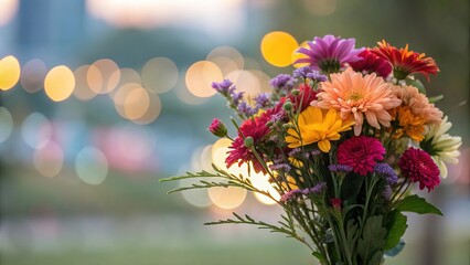 Obraz premium Vibrant floral bouquet with out of focus bokeh lights in the background during a sunset setting