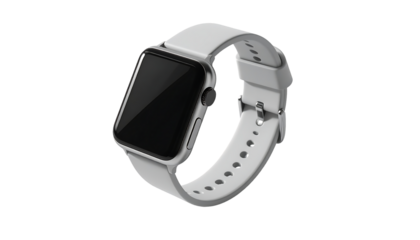 Sleek silver smartwatch with a minimalist off-white silicone band, displayed at a three-quarter angle against a black background (1)