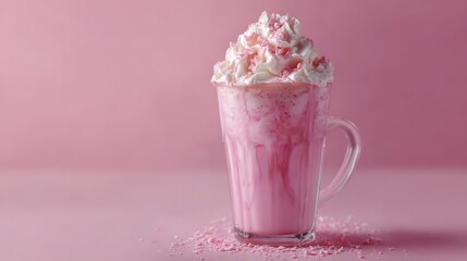 A vibrant pink milkshake topped with fluffy whipped cream and delicate sprinkles served in a clear glass mug