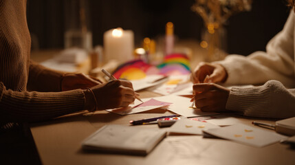 Creating happy holiday cards during a cozy winter evening.