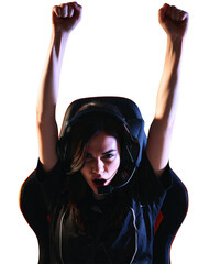 Excited woman gamer celebrating victory, isolated on transparent background