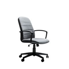 Grey fabric office chair with armrests, five-star base, and rolling casters, shown in a three-quarter view against a black background