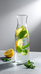 Refreshing Lemon Mint Water in Glass Carafe with Slices and Fresh Leaves