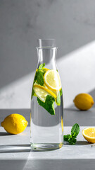 Refreshing Lemon Mint Water in Glass Carafe with Slices and Fresh Leaves