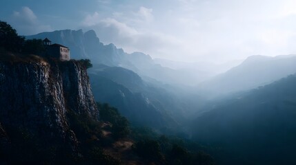 Ancient monastery on a misty mountain cliff at dawn