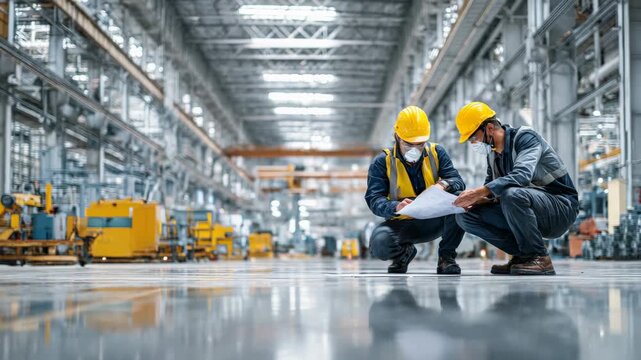 Manufacturing engineers wearing hard hats, safety vests collaborating near industrial machinery, analyzing blueprint plans with concentrated attention in contemporary production facility