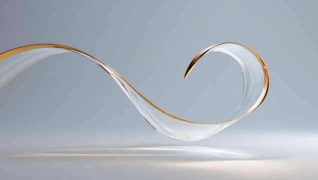 Abstract 3D render of a flowing, translucent ribbon, with a golden inner edge, against a light gray background