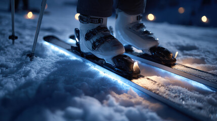 A detailed shot of skis and boots, perfect for winter sports and Olympic themes.