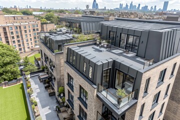 aerial view of luxury terraced buildings with modern minimalist design and grey metal tiled roof featuring outdoor first-floor balcony for real estate and architectural projects