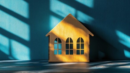 A wooden model house with shadows on a blue background. Concept of home and architecture.