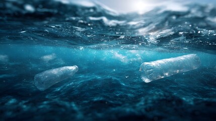 Fototapeta premium Plastic bottles floating on the surface of a blue ocean illustrating environmental pollution and marine debris