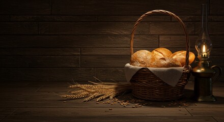 Tallinn St. Martin’s Day, wicker basket filled with grain and bread, oil lamp glowing nearby
