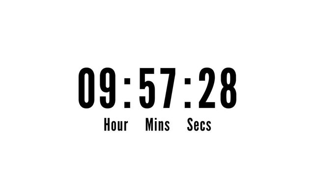 White Digital Timer Displaying 09:59:05 With Hour Mins Secs Labels On White Background countdown stopwatch