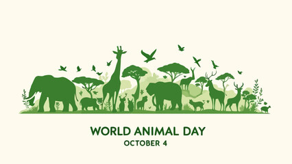 Green flat vector silhouette of various wild animals with “World Animal Day October 4” text, perfect for environment and wildlife conservation theme.