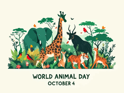 Green flat vector silhouette of various wild animals with “World Animal Day October 4” text, perfect for environment and wildlife conservation theme. - Powered by Adobe
