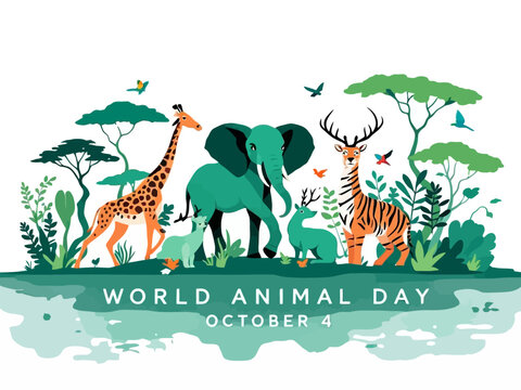 Green flat vector silhouette of various wild animals with “World Animal Day October 4” text, perfect for environment and wildlife conservation theme.