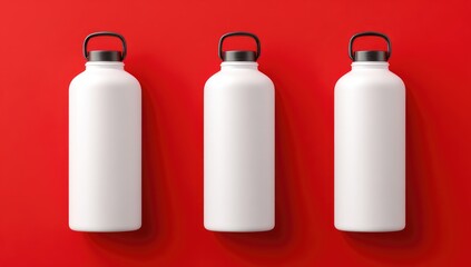 Three blank white insulated water bottles on a red background