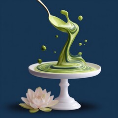 Green matcha dessert,  spoon pouring,  swirling liquid,  floral accent