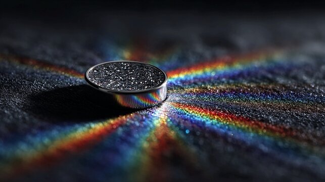 Chrome-plated emblem with gem-like texture, refracting light into rainbow colors, floating above a dark silk background.