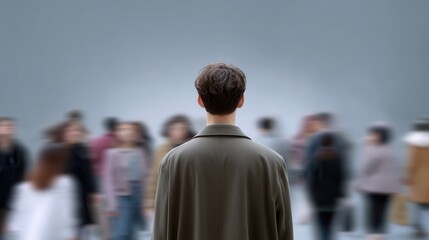 Navigating the Crowd: A man stands with his back to the viewer, looking out over a blurred crowd. This evocative image explores the themes of individualism, anonymity.