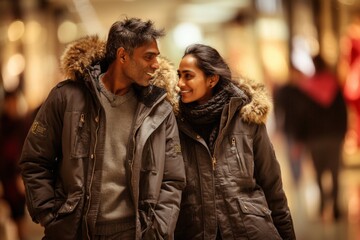 Fototapeta premium Portrait of a satisfied indian couple in their 30s donning a durable down jacket while standing against vibrant shopping mall background