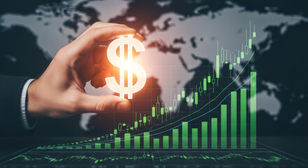 Man holding a glowing dollar sign with a rising financial graph. Business growth and investment concept. Global market data and economic success.